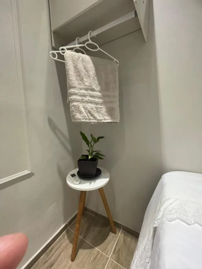 Detalhe da mesa de cabeceira com planta decorativa